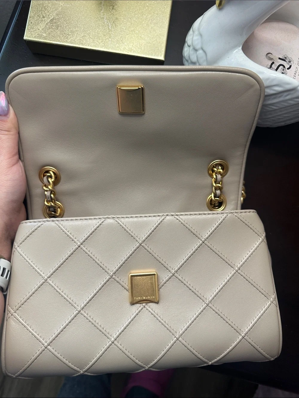 Tory Burch Quilted Beige Leather Shoulder Bag with Gold Chain